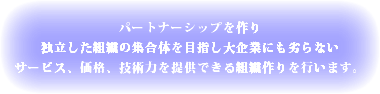  パートナーシップを作り 独立した組織の集合体を目指し大企業にも劣らない サービス、価格、技術力を提供できる組織作りを行います。 